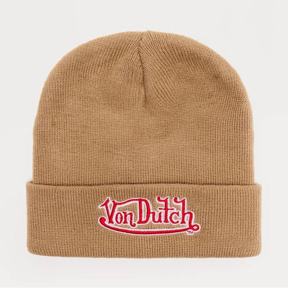 •Level Up• Von Dutch Taupe Knit Beanie with Red Embroidered Stitching